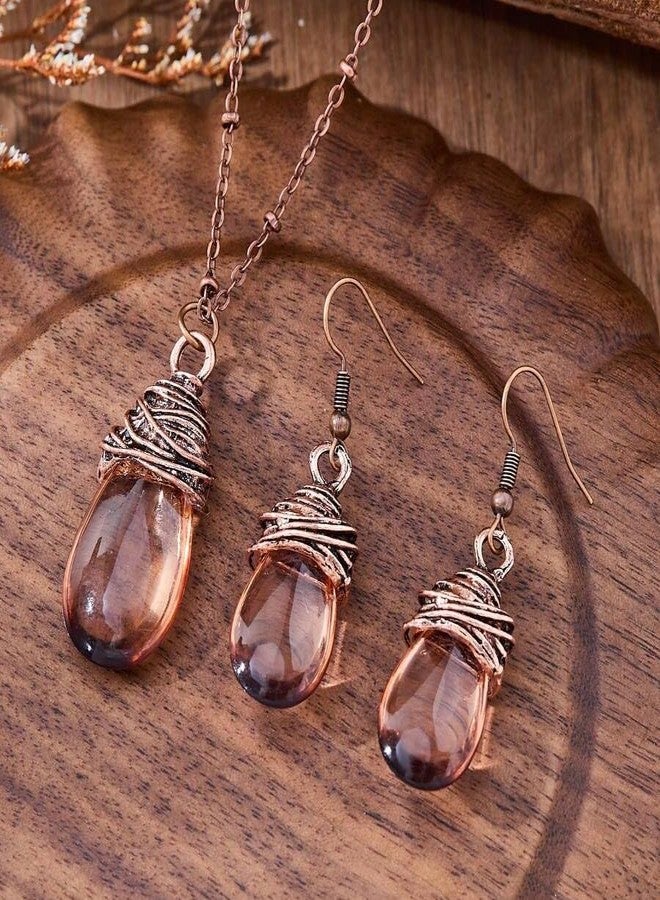 sunglnl Bohemian Jewelry Set For Women, Water Drop Necklace And Earrings With Non Tarnish Bohemian Western Style Jewelry Gift (Brown) - Image 2